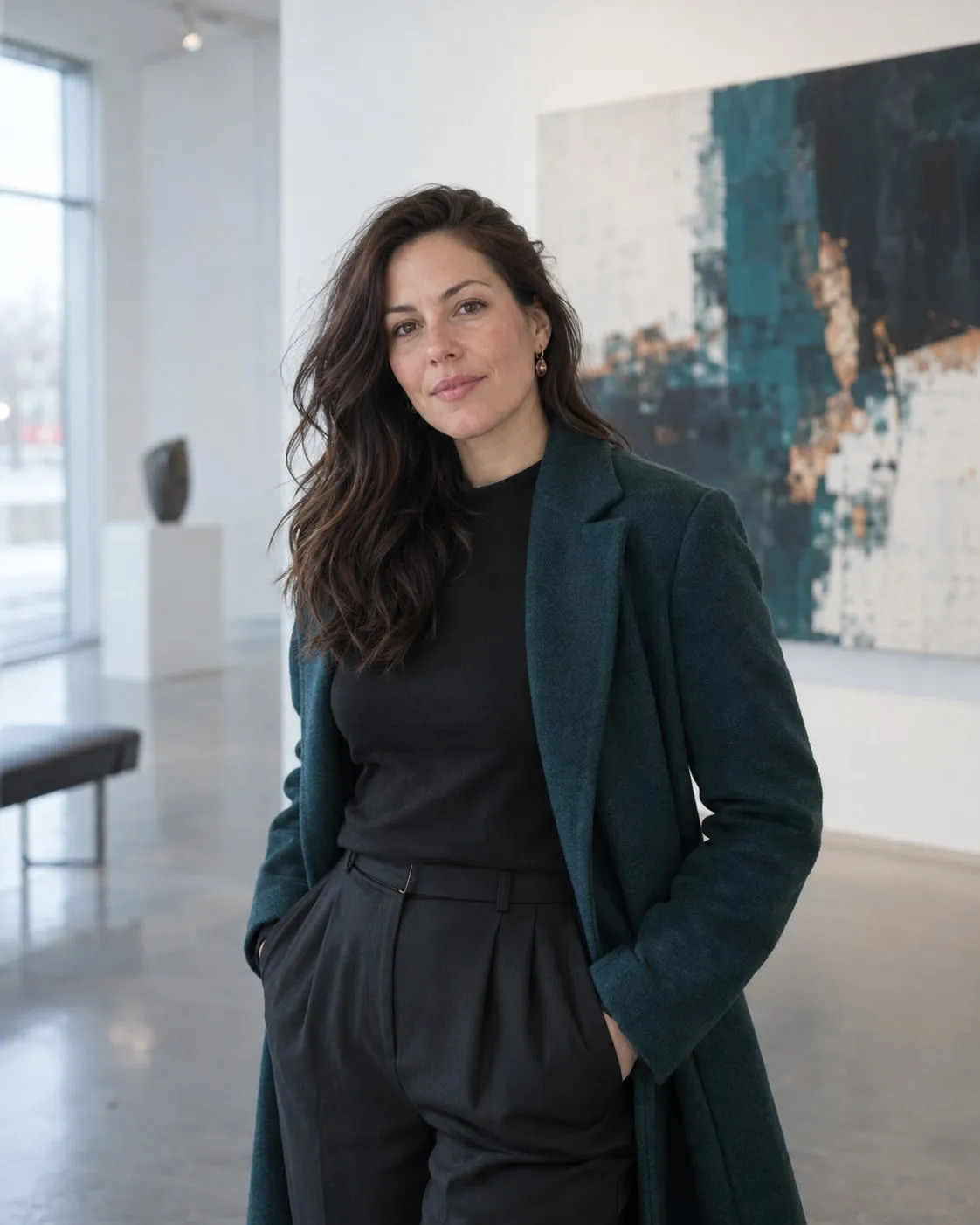 Portrait de Maya dans une galerie contemporaine à Laval
