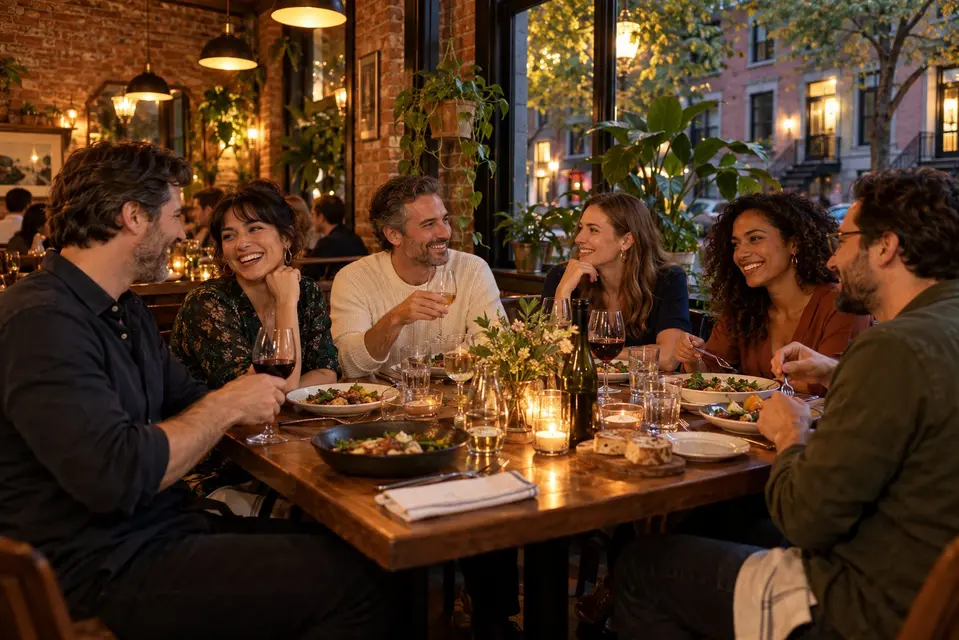 Six adultes partagent un souper de quartier sur le Plateau