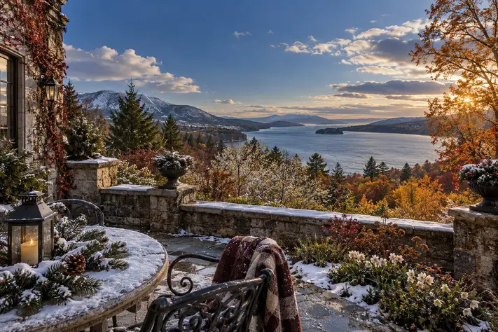 Terrasse québécoise entre lumière d’automne et première neige