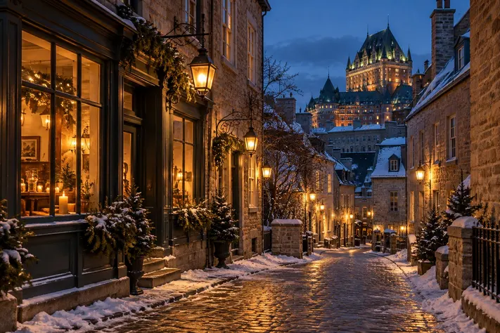 Illustration du Vieux-Québec au crépuscule, avec une rue pavée et des cafés éclairés