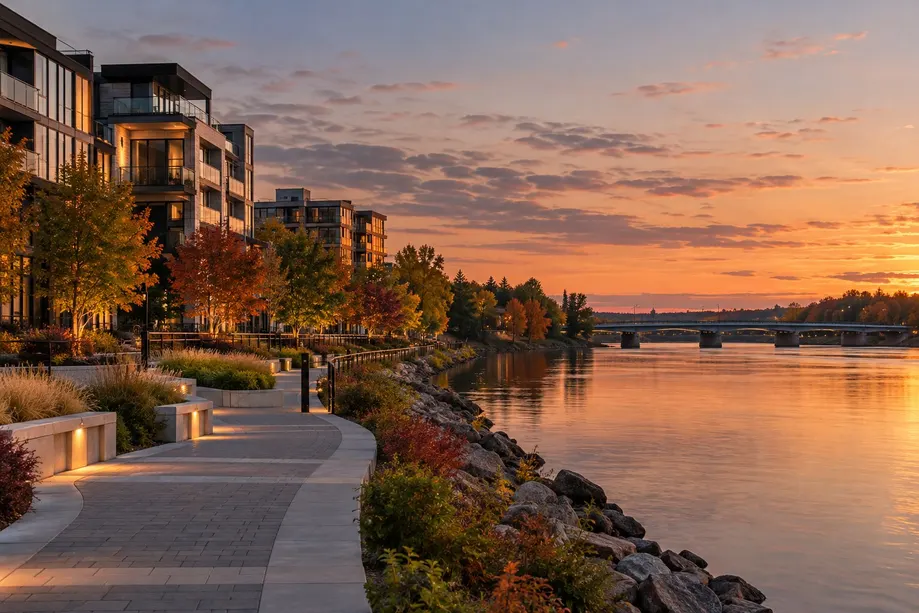 Rive moderne de Laval au crépuscule