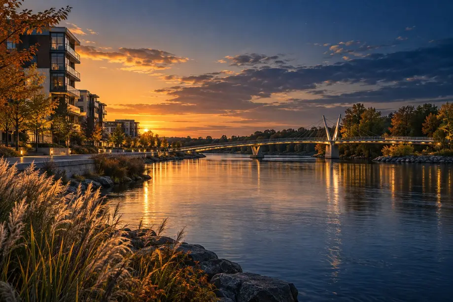 Rive moderne de Laval à l’heure dorée, sans passants