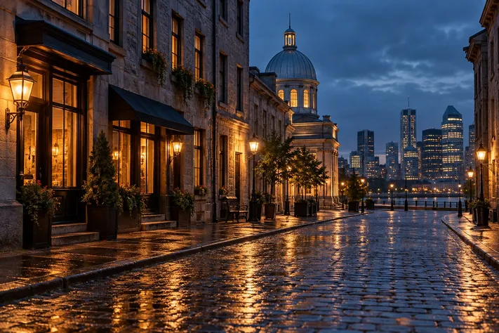 Rue du Vieux-Montréal au crépuscule, sans passants