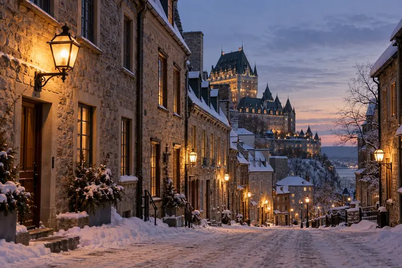 Rue enneigée du Vieux-Québec au crépuscule