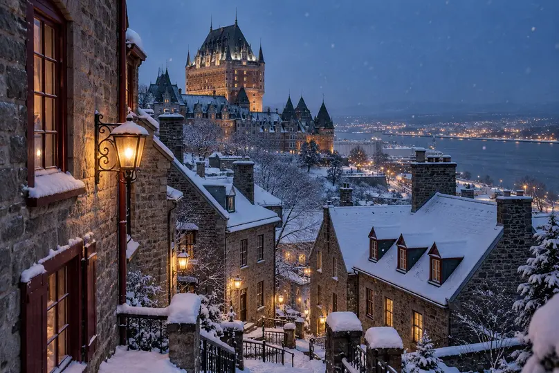 Toits enneigés du Vieux-Québec au crépuscule, sans passants